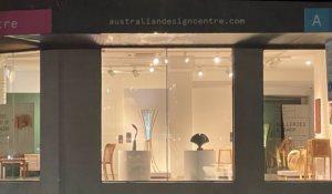 Image from across William street of the SWA exhibition at the Australian Design Centre.  Evening 
